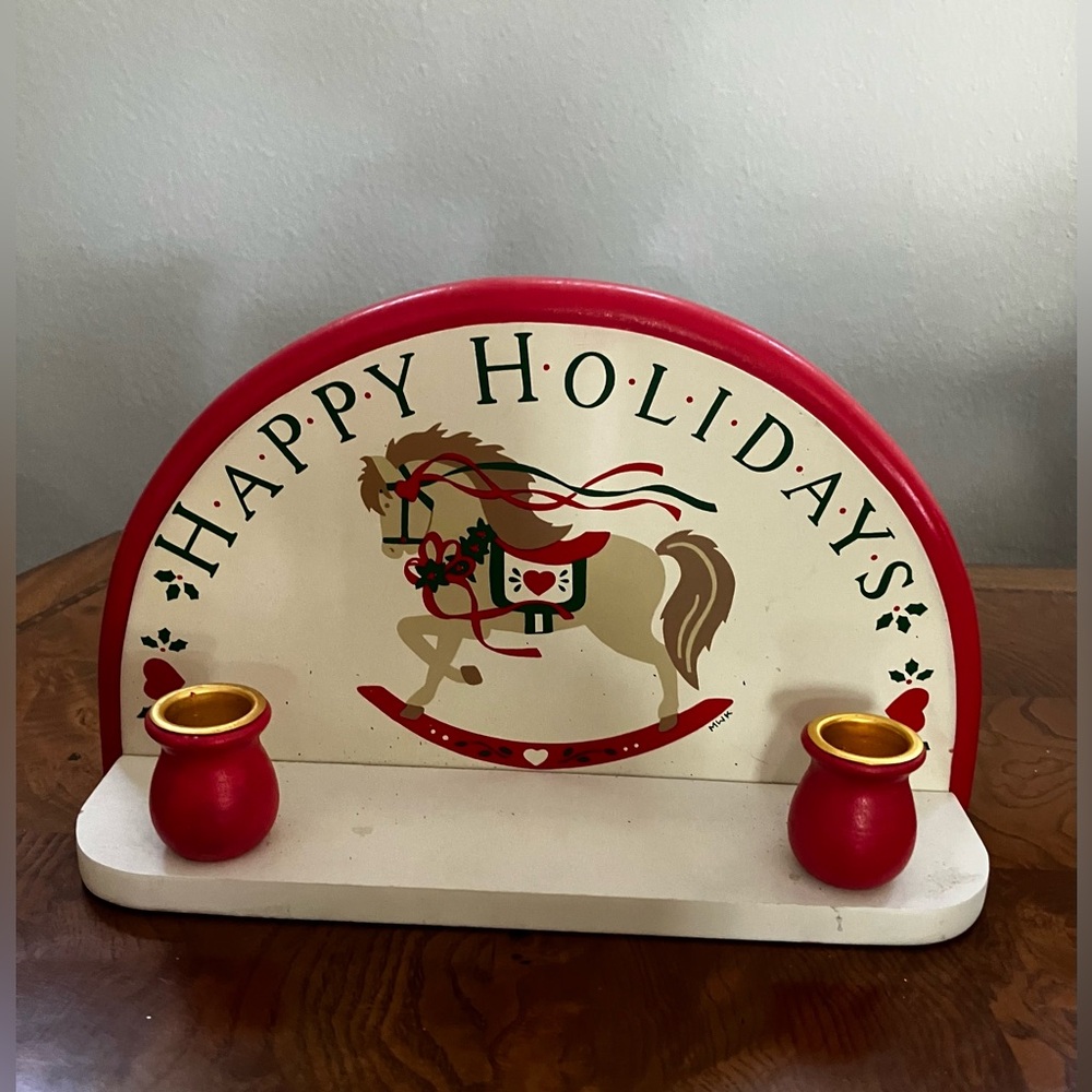 Happy Holidays wooden folk art work candleholder